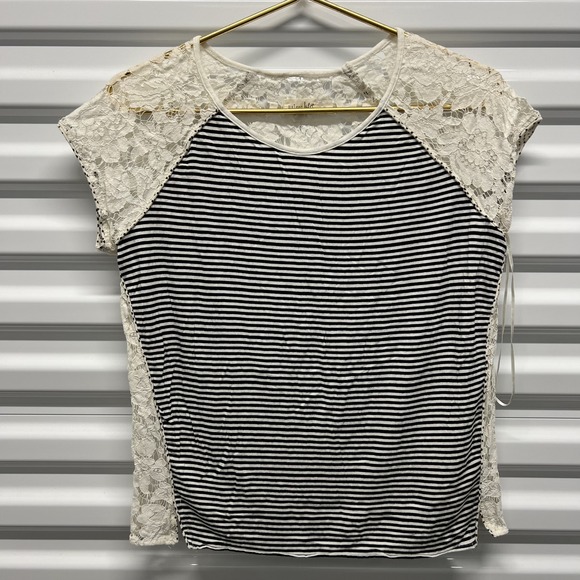 Maison Jules Womens Top Medium Rayon Stripe Lace Back Black White Short Sleeve — photo 2